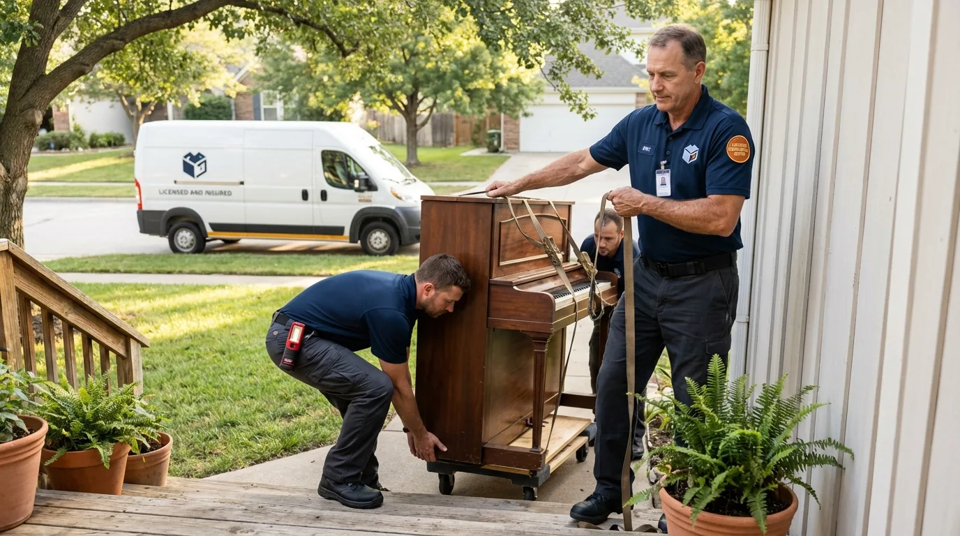 Licensed piano movers securing grand piano in Clint, TX