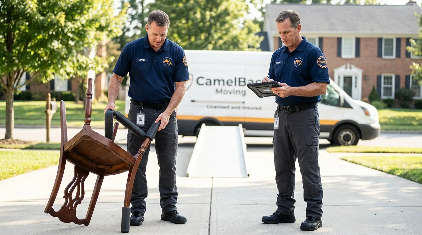 Movers inspecting furniture for damage prevention before loading in Clint, TX