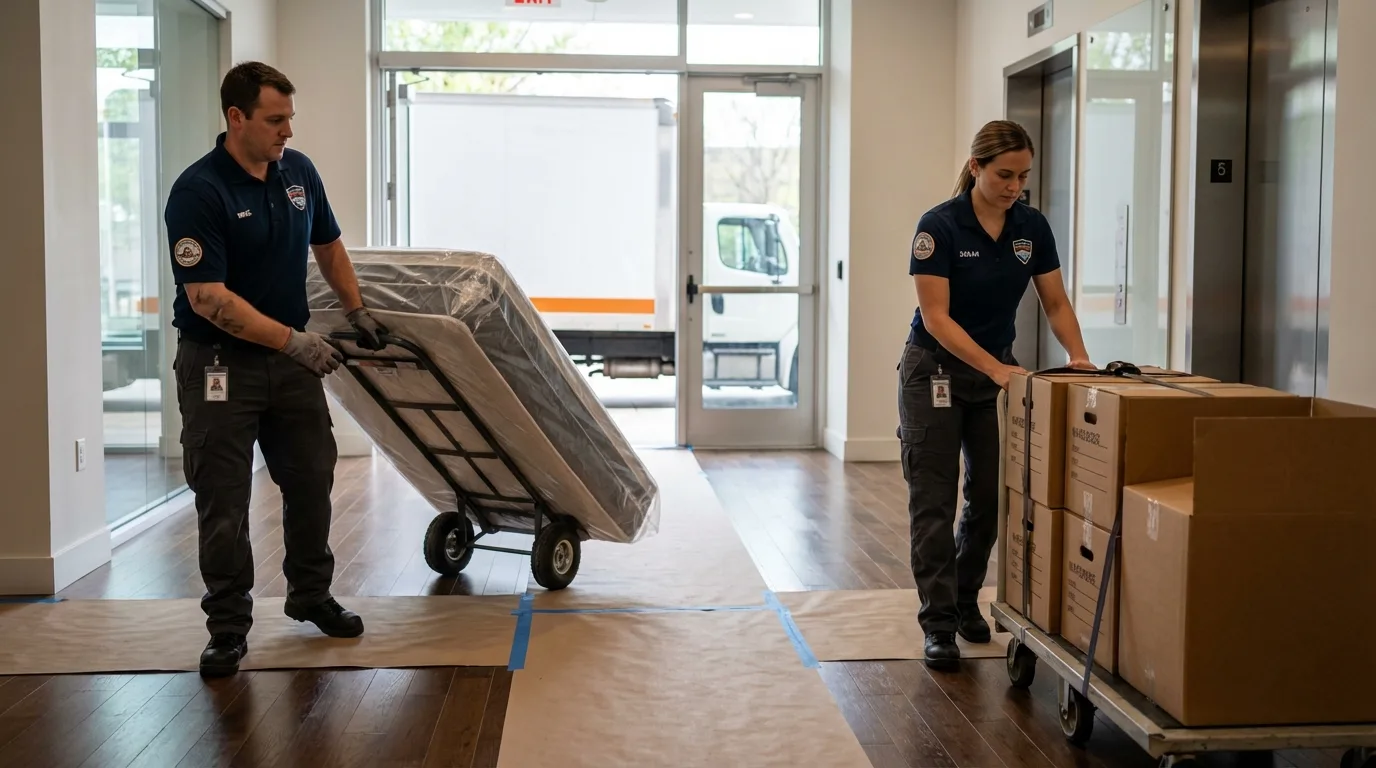 Professional apartment movers loading elevator in Clint, TX