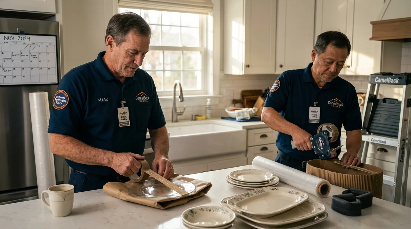 Professional crew packing kitchen dishware in Clint, TX